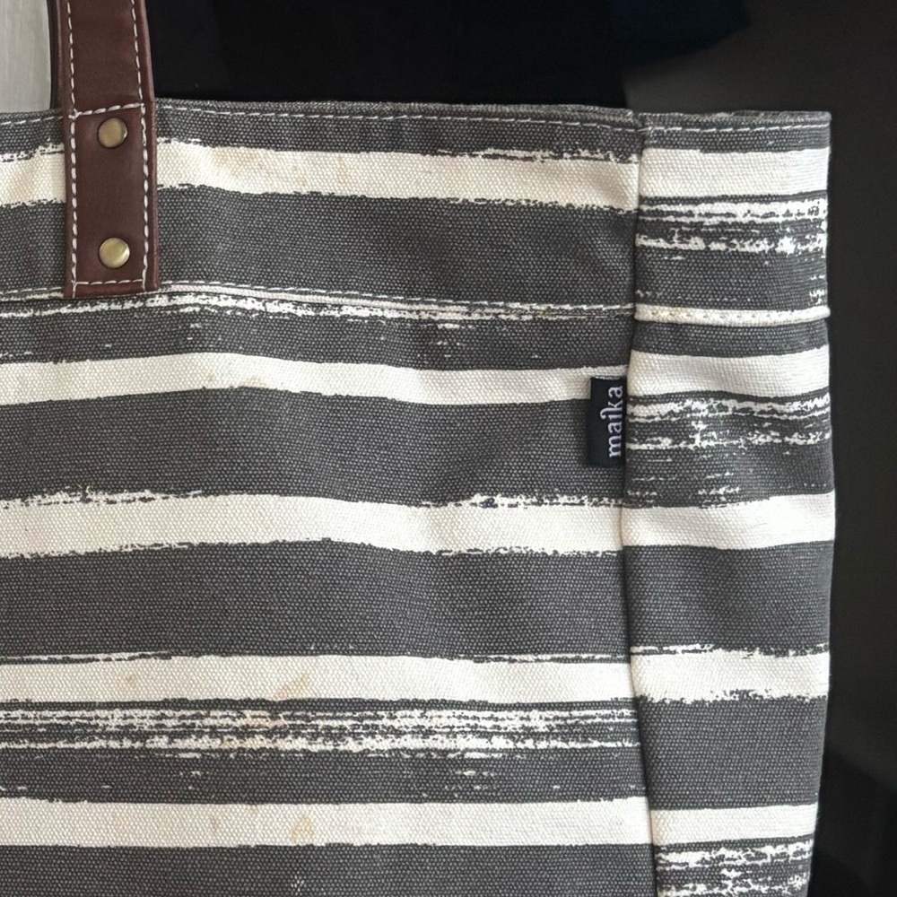 Maika CARRYALL TOTE - CHARCOAL STRIPES canvas with Brown Leather Handles - Picture 2 of 3